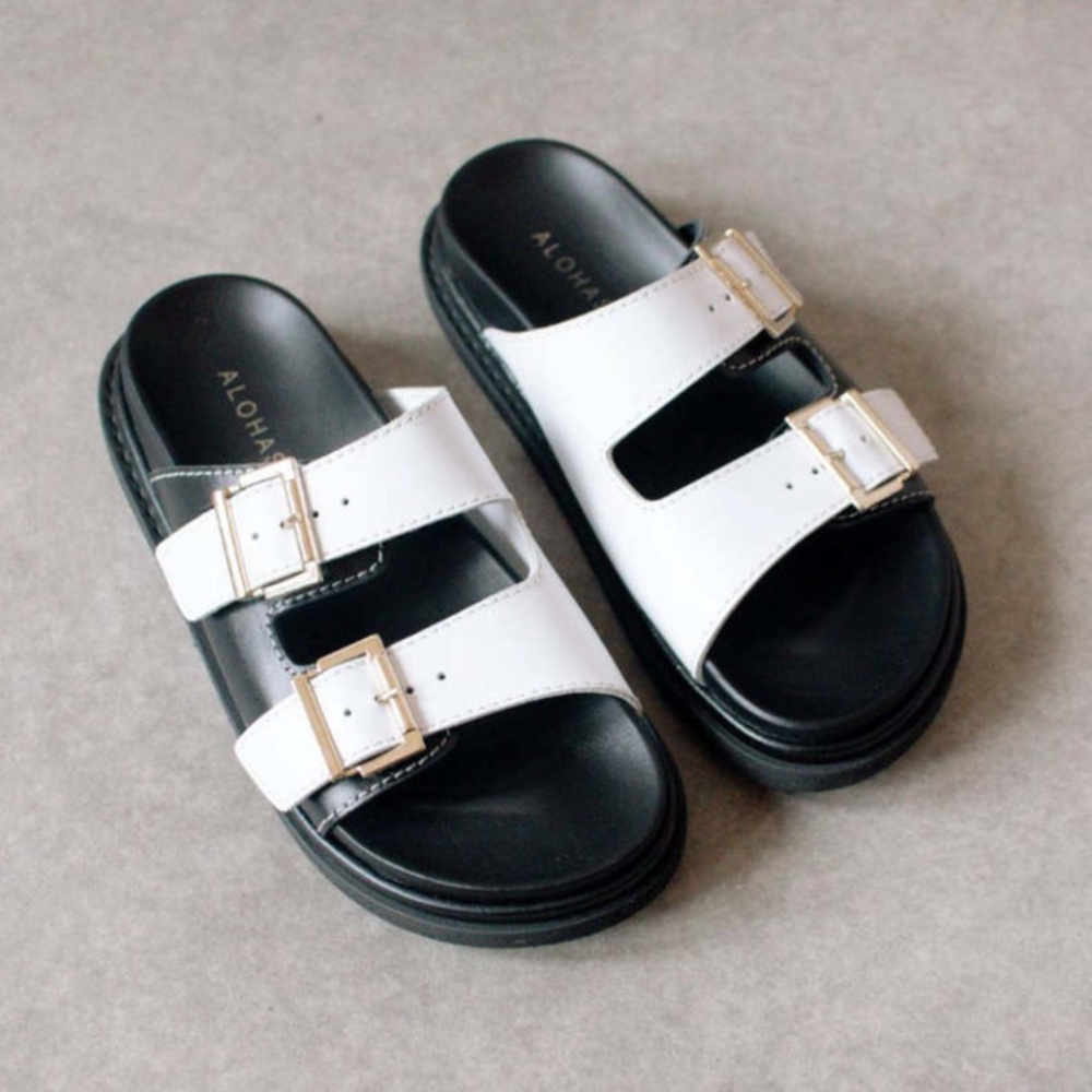 ALOHAS Leather Double Strap Chunky Sandals (Black / White): Sz 36